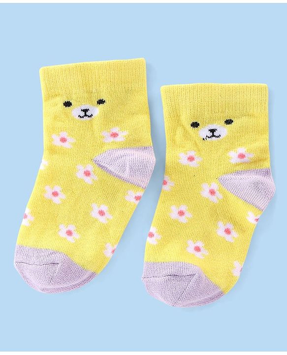 Cute Walk by Babyhug Cotton Knit Anti-Bacterial Ankle Length Floral & Animal Design Socks Pack of 3 - Pink & Yellow