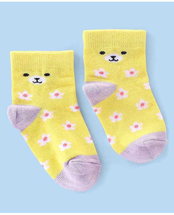 Cute Walk by Babyhug Cotton Knit Anti-Bacterial Ankle Length Floral & Animal Design Socks Pack of 3 - Pink & Yellow