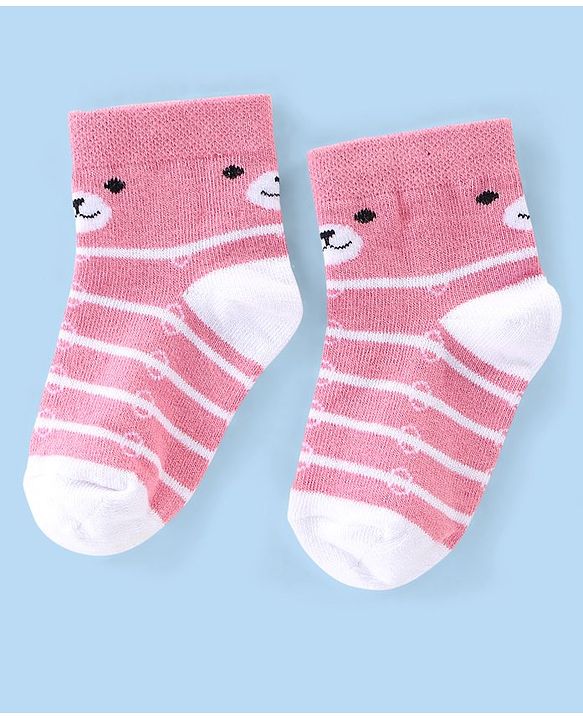 Cute Walk by Babyhug Cotton Knit Anti-Bacterial Ankle Length Floral & Animal Design Socks Pack of 3 - Pink & Yellow