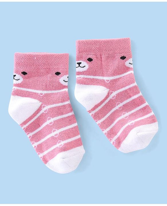 Cute Walk by Babyhug Cotton Knit Anti-Bacterial Ankle Length Floral & Animal Design Socks Pack of 3 - Pink & Yellow