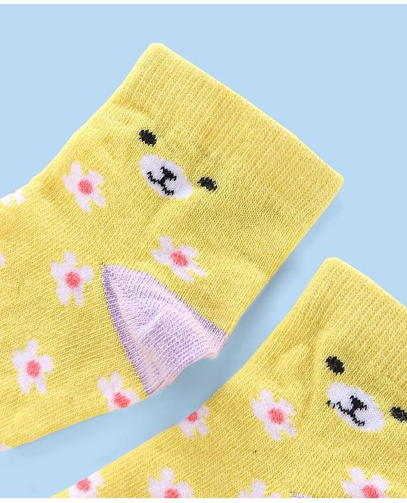 Cute Walk by Babyhug Cotton Knit Anti-Bacterial Ankle Length Floral & Animal Design Socks Pack of 3 - Pink & Yellow
