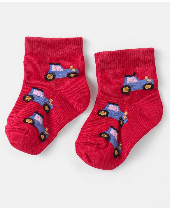 Cute Walk by Babyhug Cotton Knit Anti-Bacterial Ankle Length Cars & Striped Design Socks Pack of 3 - Red & Blue