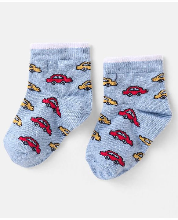 Cute Walk by Babyhug Cotton Knit Anti-Bacterial Ankle Length Cars & Striped Design Socks Pack of 3 - Red & Blue