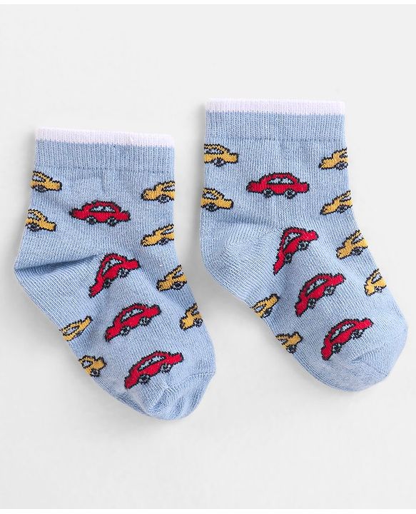 Cute Walk by Babyhug Cotton Knit Anti-Bacterial Ankle Length Cars & Striped Design Socks Pack of 3 - Red & Blue