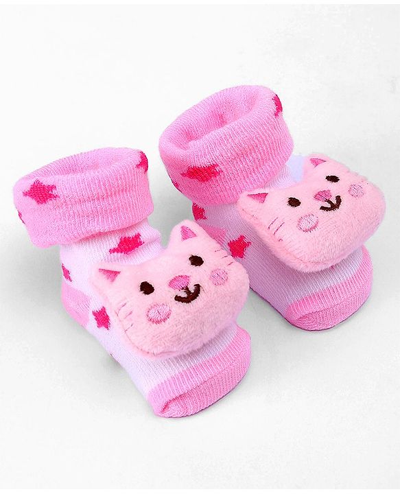 Cute Walk by Babyhug Ankle Length  Sock Shoes With Cat Applique - Light Pink