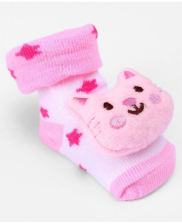 Cute Walk by Babyhug Ankle Length  Sock Shoes With Cat Applique - Light Pink