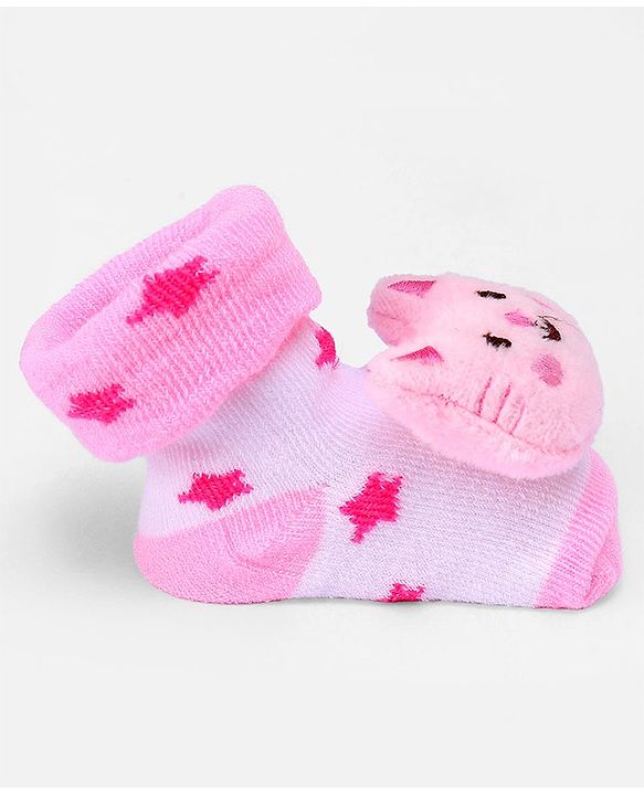 Cute Walk by Babyhug Ankle Length  Sock Shoes With Cat Applique - Light Pink