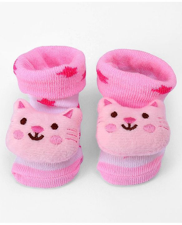 Cute Walk by Babyhug Ankle Length  Sock Shoes With Cat Applique - Light Pink