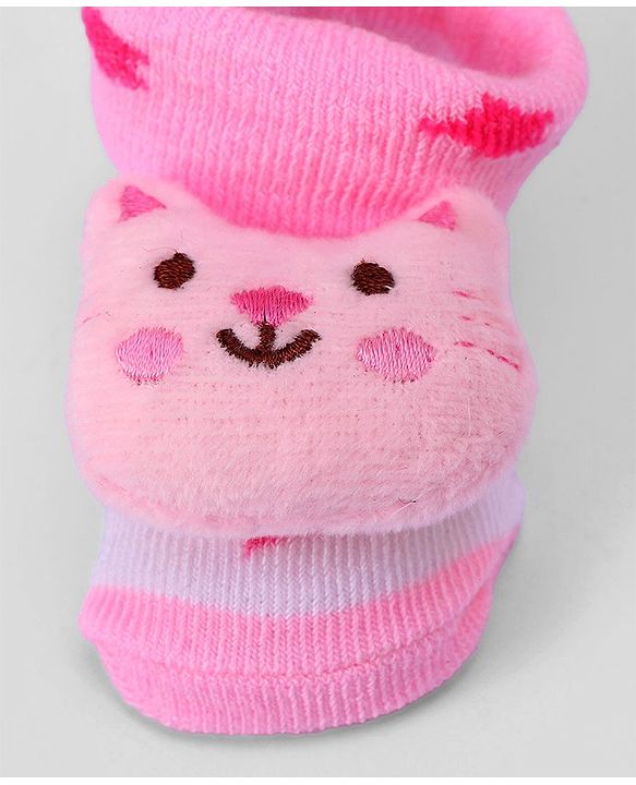 Cute Walk by Babyhug Ankle Length  Sock Shoes With Cat Applique - Light Pink