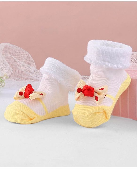Cute Walk by Babyhug Ankle Length Sock Shoes With Bow Applique - Light Yellow