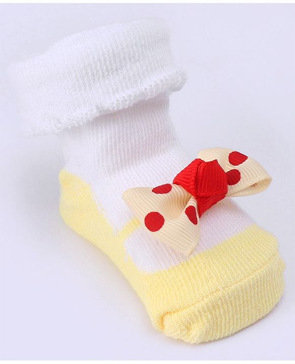 Cute Walk by Babyhug Ankle Length Sock Shoes With Bow Applique - Light Yellow