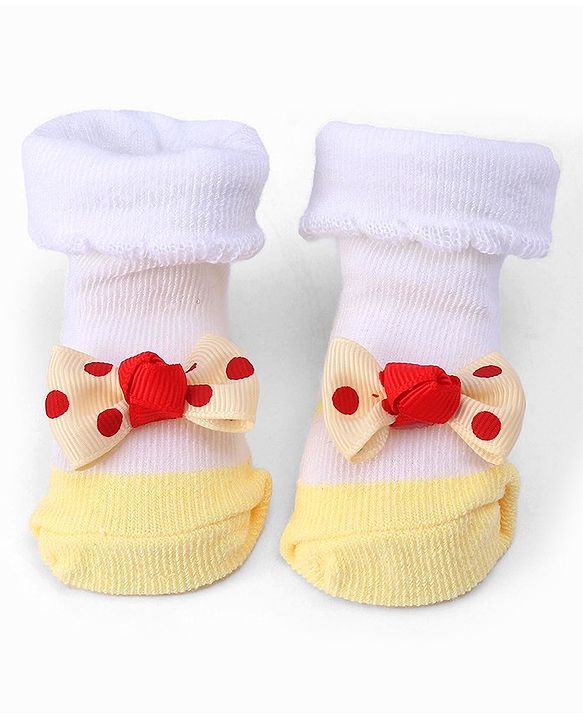 Cute Walk by Babyhug Ankle Length Sock Shoes With Bow Applique - Light Yellow