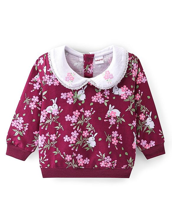 Babyhug Cotton Knit Full Sleeves Sweatshirt Floral Print - Maroon