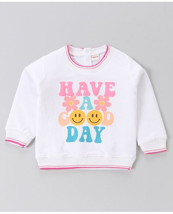 Babyhug Cotton Knit Full Sleeves Sweatshirt With Text Graphics - White