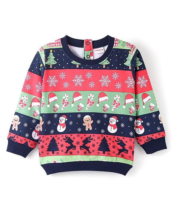 Babyhug 100% Cotton Knit Full Sleeves Sweatshirt With Christmas Print - Pink & Navy Blue