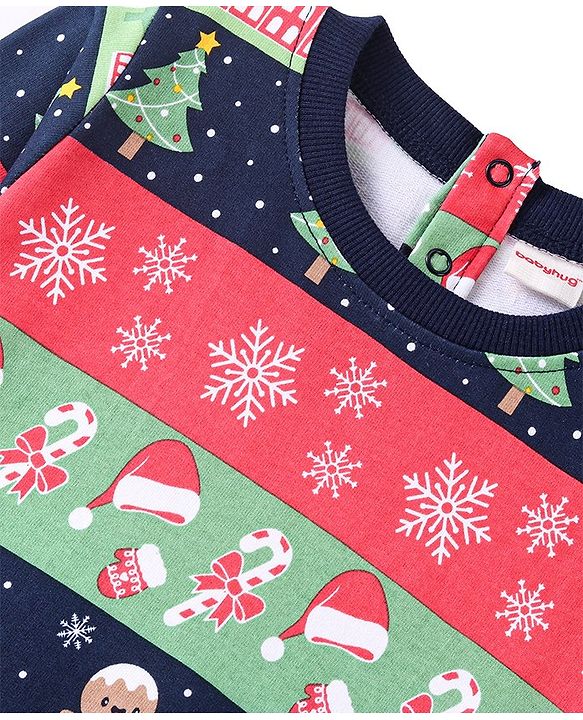 Babyhug 100% Cotton Knit Full Sleeves Sweatshirt With Christmas Print - Pink & Navy Blue