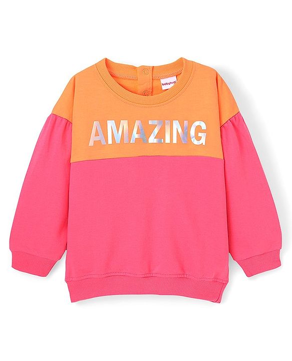 Babyhug Cotton Knit Full Sleeves Sweatshirt With Holographic Foil Print - Pink & Orange