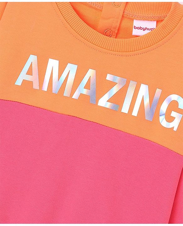 Babyhug Cotton Knit Full Sleeves Sweatshirt With Holographic Foil Print - Pink & Orange