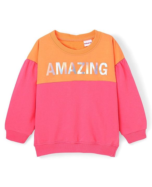 Babyhug Cotton Knit Full Sleeves Sweatshirt With Holographic Foil Print - Pink & Orange