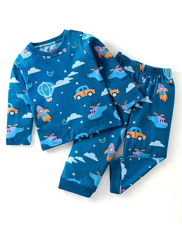 Babyhug Cotton Knit Full Sleeves Night Suit Vehicles Printed - Blue