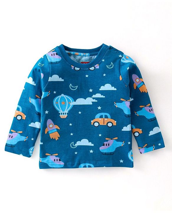Babyhug Cotton Knit Full Sleeves Night Suit Vehicles Printed - Blue