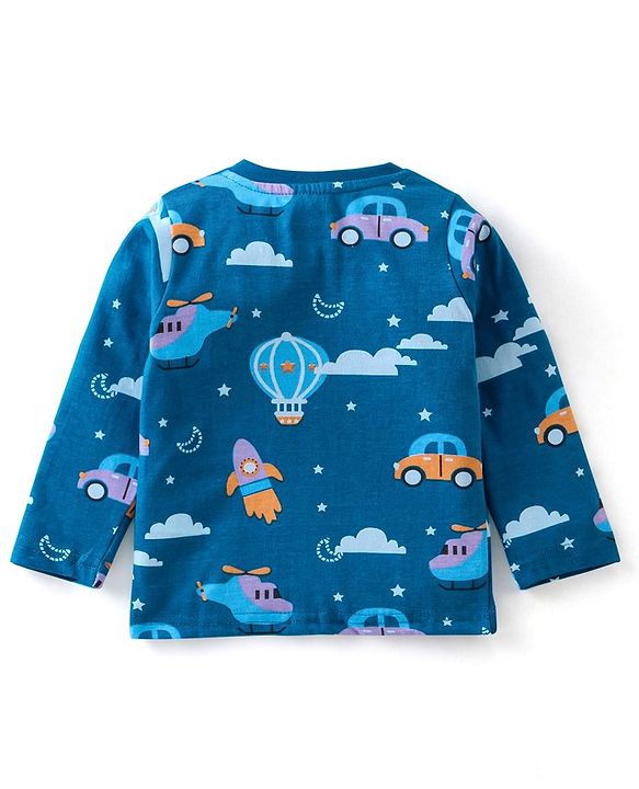 Babyhug Cotton Knit Full Sleeves Night Suit Vehicles Printed - Blue