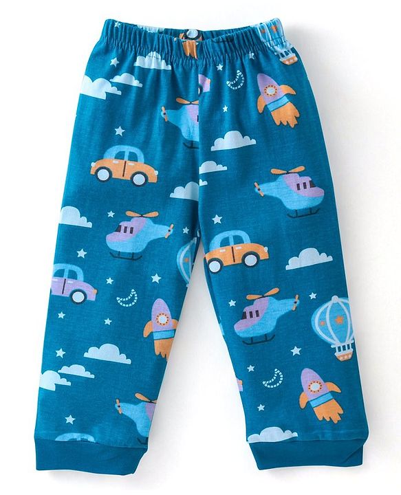 Babyhug Cotton Knit Full Sleeves Night Suit Vehicles Printed - Blue