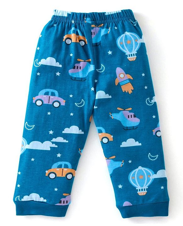 Babyhug Cotton Knit Full Sleeves Night Suit Vehicles Printed - Blue