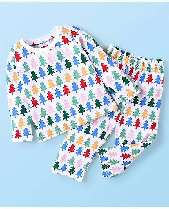 Babyhug Cotton Knit Single Jersey Full Sleeves Night Suit With Pinetree Print - White