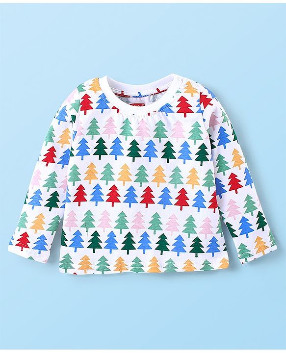 Babyhug Cotton Knit Single Jersey Full Sleeves Night Suit With Pinetree Print - White