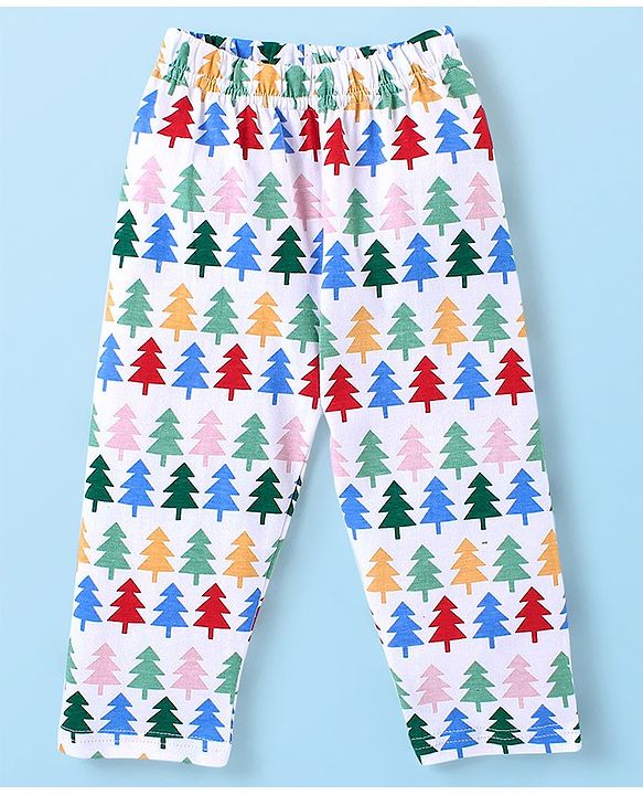 Babyhug Cotton Knit Single Jersey Full Sleeves Night Suit With Pinetree Print - White