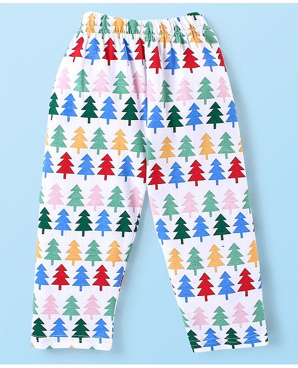 Babyhug Cotton Knit Single Jersey Full Sleeves Night Suit With Pinetree Print - White
