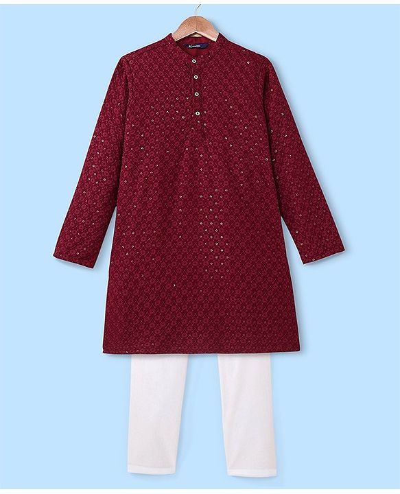 Pine Kids All Over Embroidered Full Sleeves Kurta Pyjama Set - Red