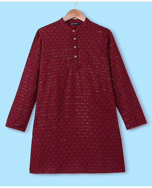 Pine Kids All Over Embroidered Full Sleeves Kurta Pyjama Set - Red