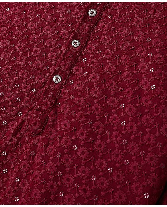 Pine Kids All Over Embroidered Full Sleeves Kurta Pyjama Set - Red