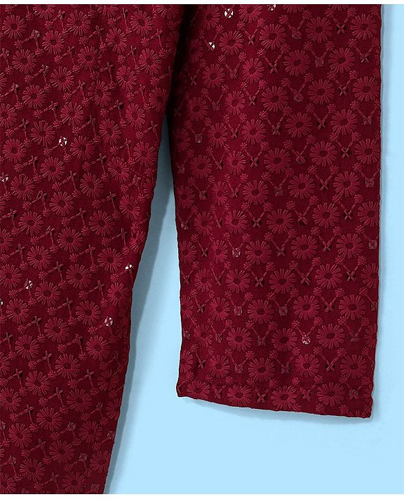 Pine Kids All Over Embroidered Full Sleeves Kurta Pyjama Set - Red