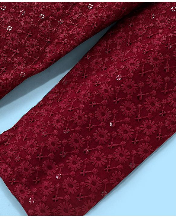 Pine Kids All Over Embroidered Full Sleeves Kurta Pyjama Set - Red
