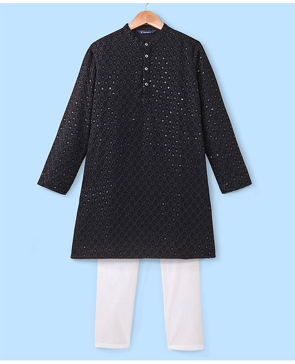 Pine Kids All Over Embroidered Full Sleeves Kurta Pyjama Set - Black