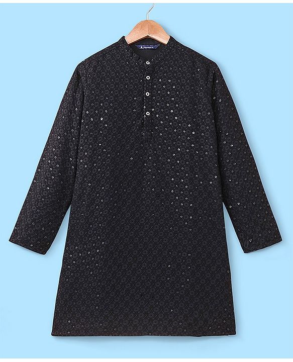 Pine Kids All Over Embroidered Full Sleeves Kurta Pyjama Set - Black