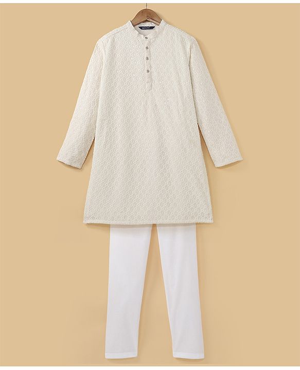 Pine Kids All Over Embroidered Full Sleeves Kurta Pyjama Set - White