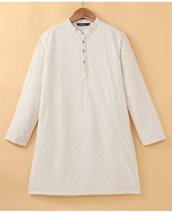 Pine Kids All Over Embroidered Full Sleeves Kurta Pyjama Set - White