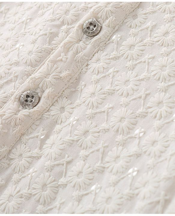 Pine Kids All Over Embroidered Full Sleeves Kurta Pyjama Set - White