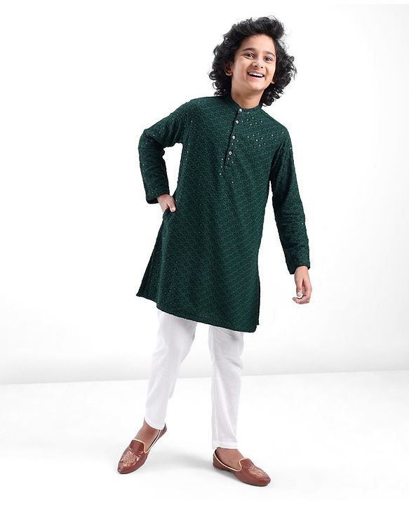 Pine Kids Full Sleeves All Over Sequined Embroidered Kurta Pyjama Set- Green