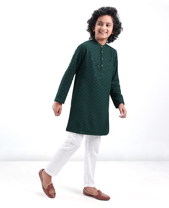 Pine Kids Full Sleeves All Over Sequined Embroidered Kurta Pyjama Set- Green