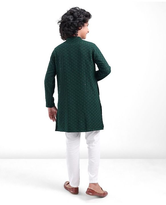 Pine Kids Full Sleeves All Over Sequined Embroidered Kurta Pyjama Set- Green