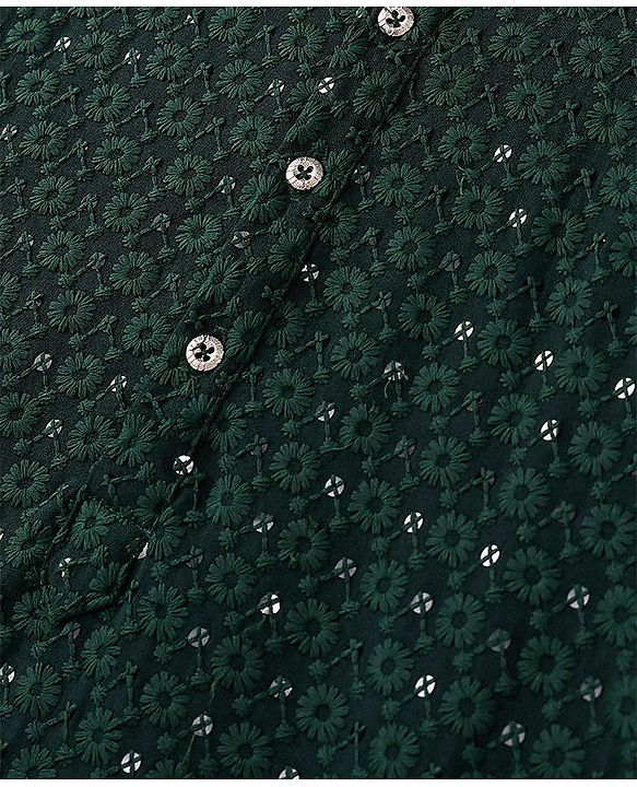 Pine Kids Full Sleeves All Over Sequined Embroidered Kurta Pyjama Set- Green
