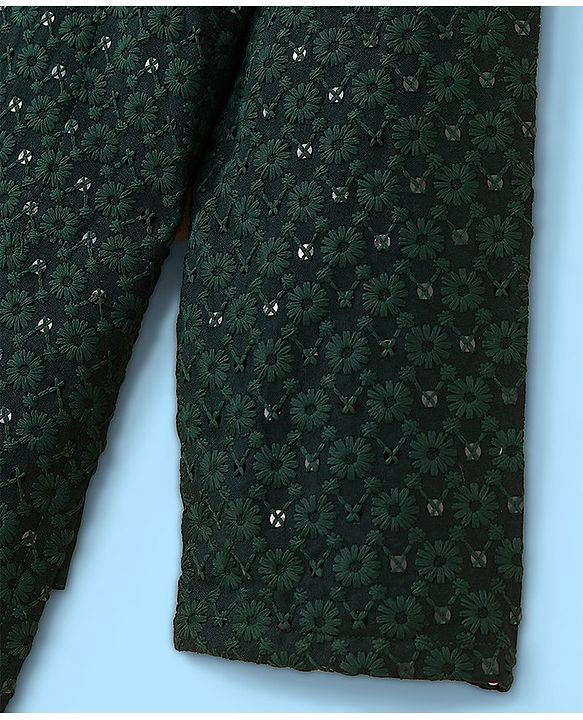 Pine Kids Full Sleeves All Over Sequined Embroidered Kurta Pyjama Set- Green