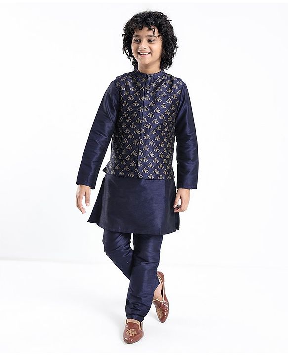 Pine Kids Printed Full Sleeves Kurta Pyjama with Floral Printed Bandi - Navy Blue