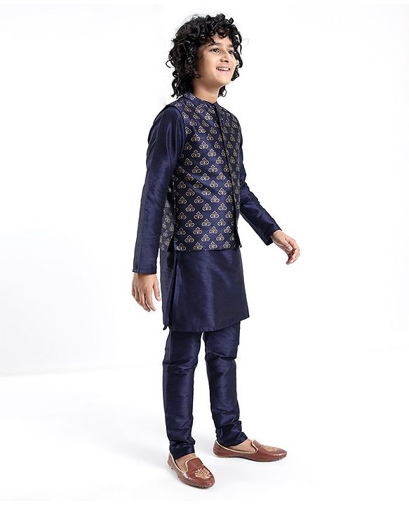 Pine Kids Printed Full Sleeves Kurta Pyjama with Floral Printed Bandi - Navy Blue
