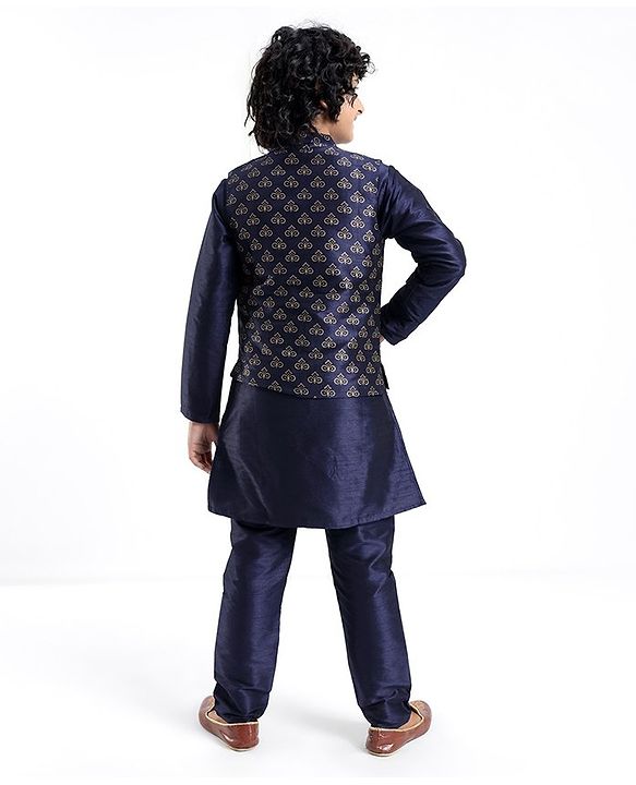 Pine Kids Printed Full Sleeves Kurta Pyjama with Floral Printed Bandi - Navy Blue